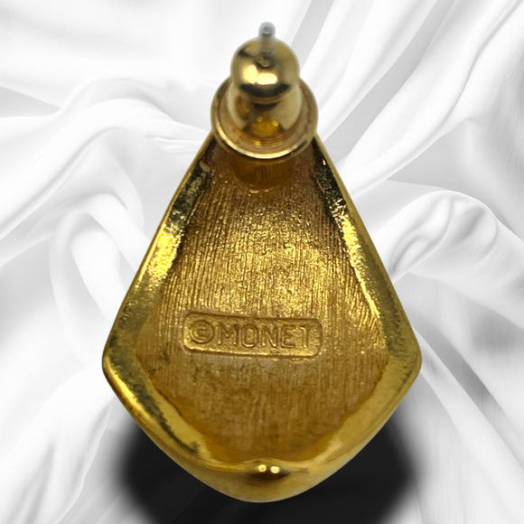 Vintage 1980s Monet Red Enamel & Gold Tone Pierced Earrings Mogul Couture Runway - Picture 3 of 6